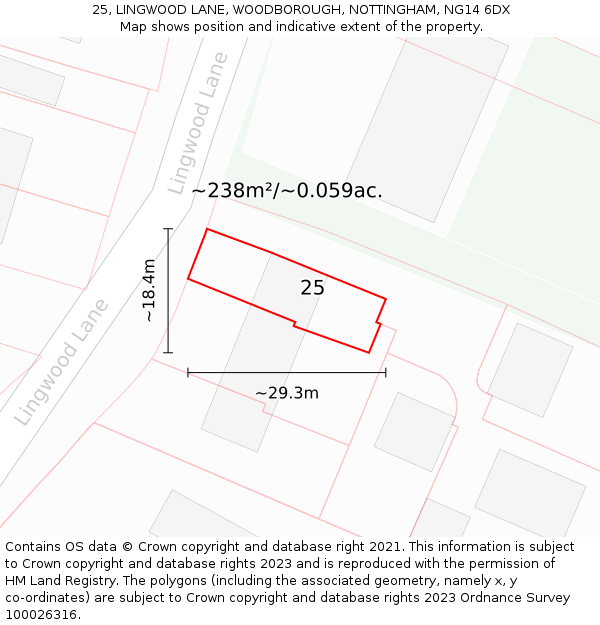 25, LINGWOOD LANE, WOODBOROUGH, NOTTINGHAM, NG14 6DX: Plot and title map