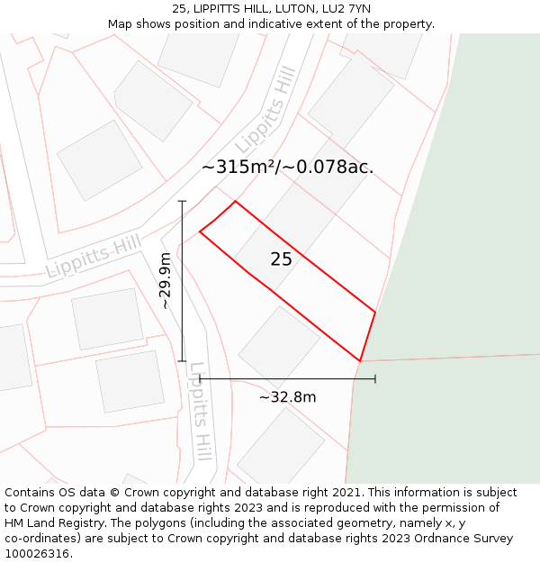 25, LIPPITTS HILL, LUTON, LU2 7YN: Plot and title map