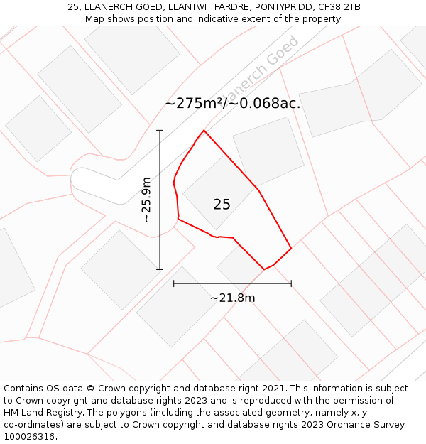 25, LLANERCH GOED, LLANTWIT FARDRE, PONTYPRIDD, CF38 2TB: Plot and title map