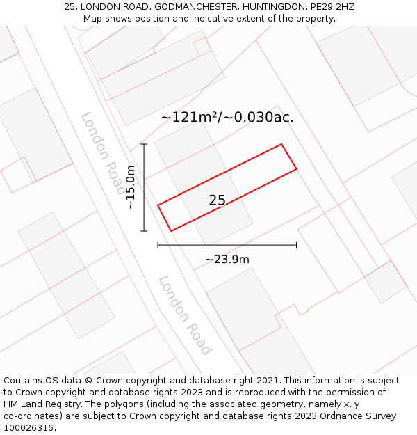 25, LONDON ROAD, GODMANCHESTER, HUNTINGDON, PE29 2HZ: Plot and title map