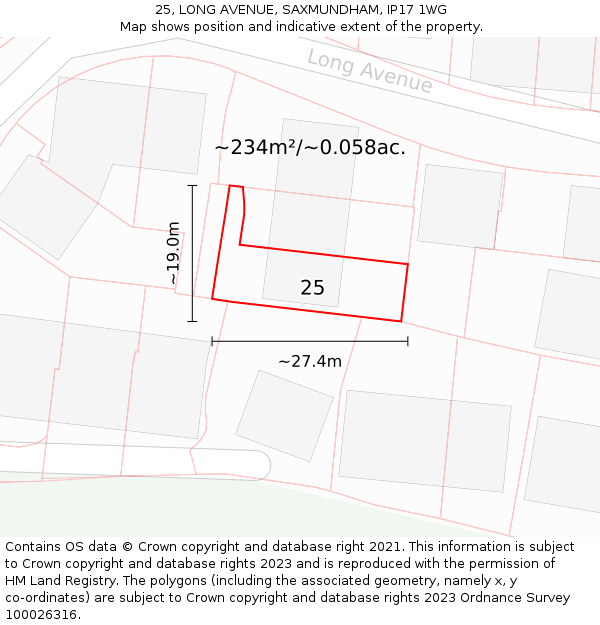 25, LONG AVENUE, SAXMUNDHAM, IP17 1WG: Plot and title map