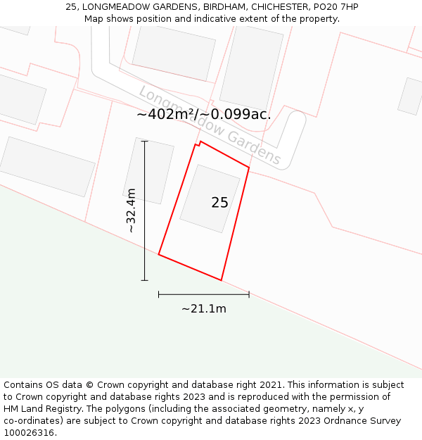 25, LONGMEADOW GARDENS, BIRDHAM, CHICHESTER, PO20 7HP: Plot and title map