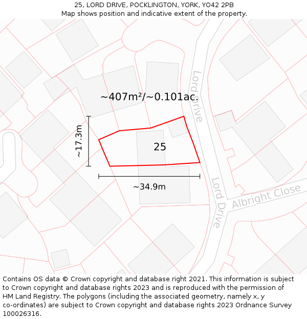 25, LORD DRIVE, POCKLINGTON, YORK, YO42 2PB: Plot and title map