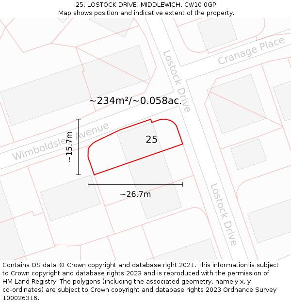 25, LOSTOCK DRIVE, MIDDLEWICH, CW10 0GP: Plot and title map