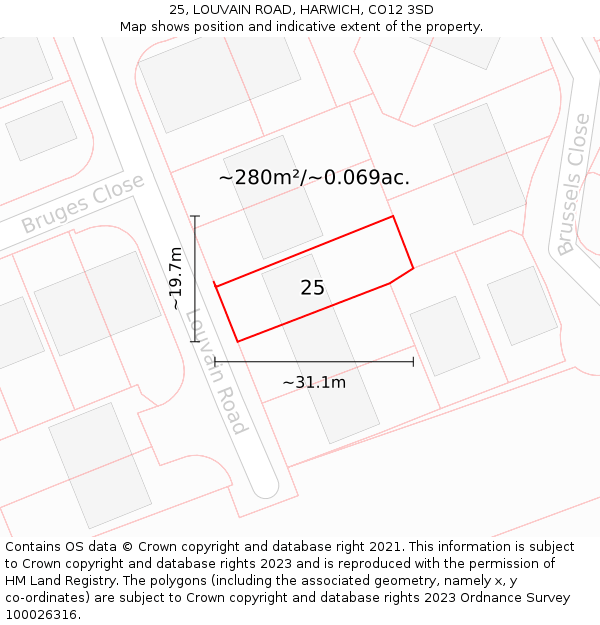 25, LOUVAIN ROAD, HARWICH, CO12 3SD: Plot and title map