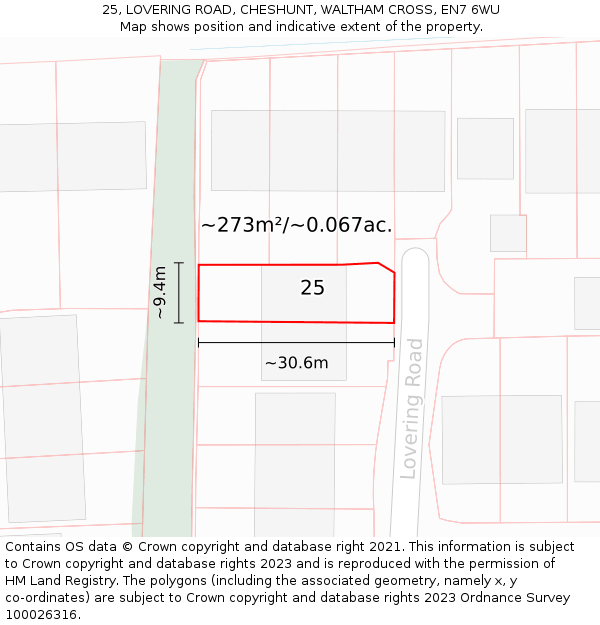 25, LOVERING ROAD, CHESHUNT, WALTHAM CROSS, EN7 6WU: Plot and title map