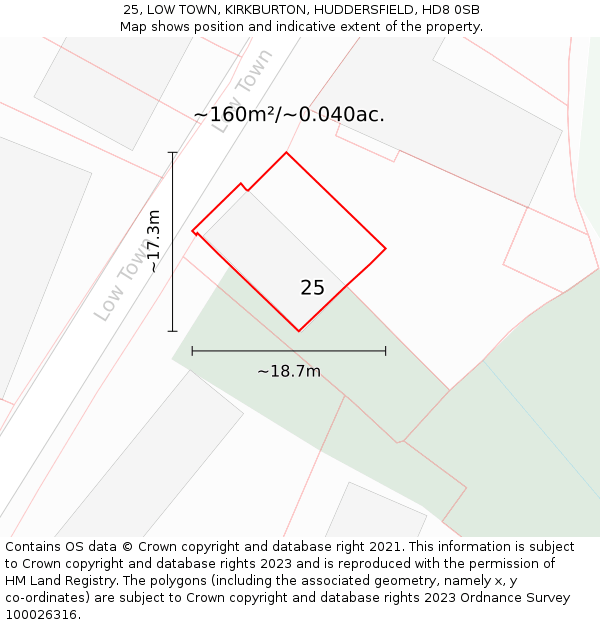 25, LOW TOWN, KIRKBURTON, HUDDERSFIELD, HD8 0SB: Plot and title map