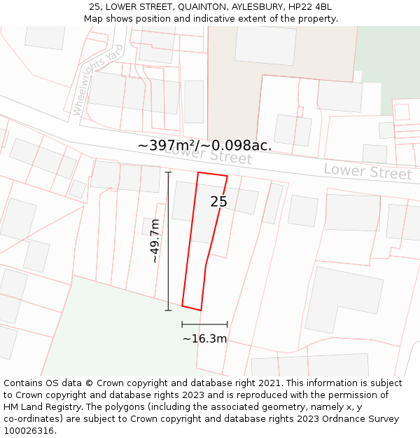 25, LOWER STREET, QUAINTON, AYLESBURY, HP22 4BL: Plot and title map