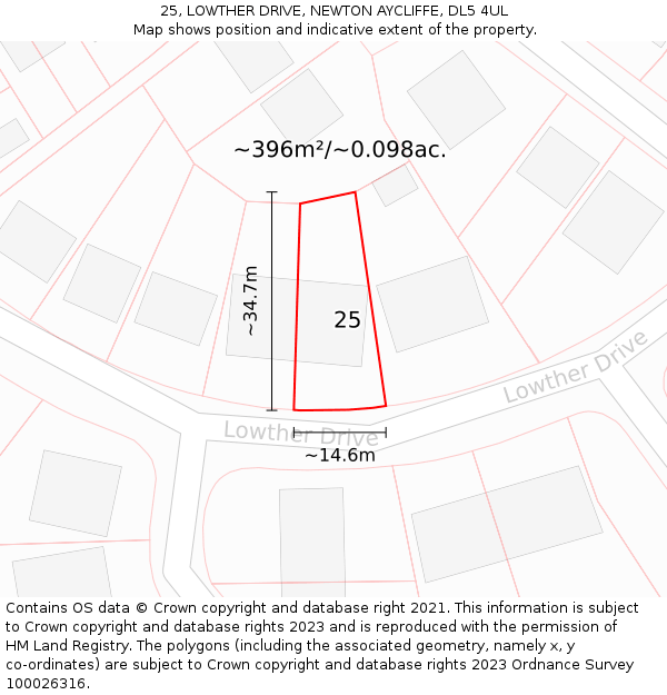 25, LOWTHER DRIVE, NEWTON AYCLIFFE, DL5 4UL: Plot and title map