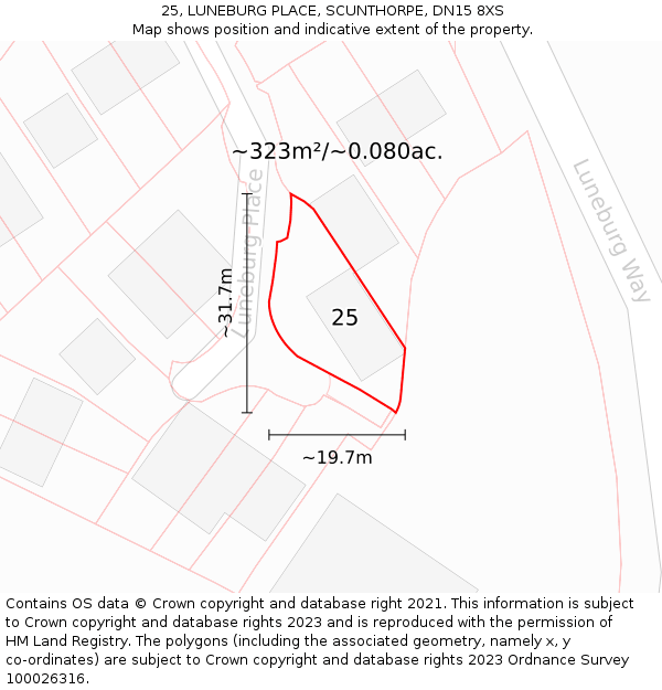 25, LUNEBURG PLACE, SCUNTHORPE, DN15 8XS: Plot and title map