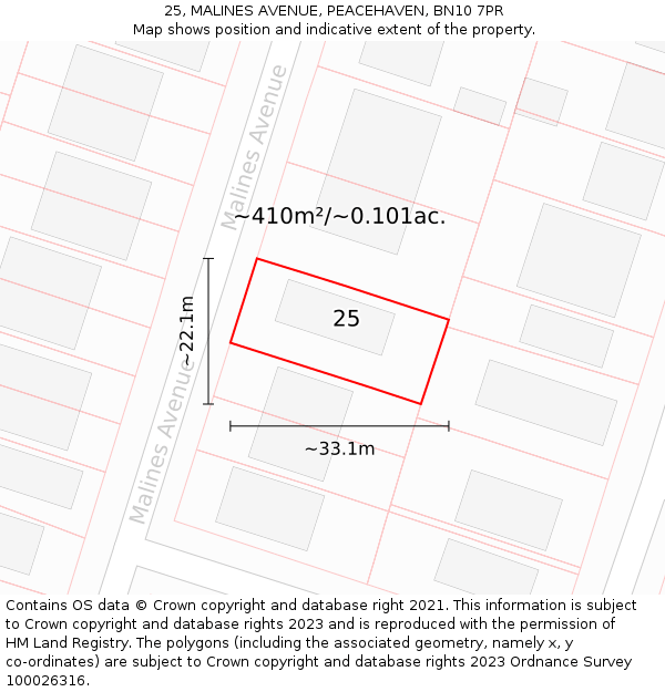 25, MALINES AVENUE, PEACEHAVEN, BN10 7PR: Plot and title map