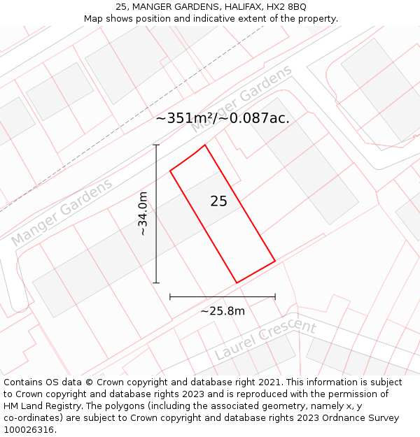 25, MANGER GARDENS, HALIFAX, HX2 8BQ: Plot and title map