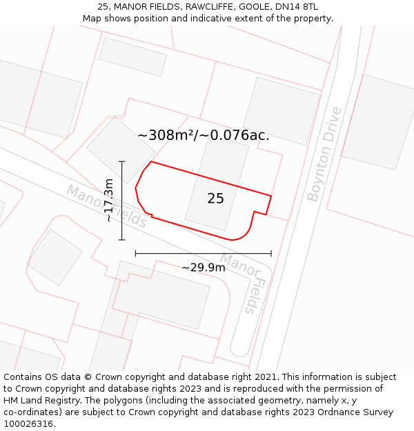 25, MANOR FIELDS, RAWCLIFFE, GOOLE, DN14 8TL: Plot and title map