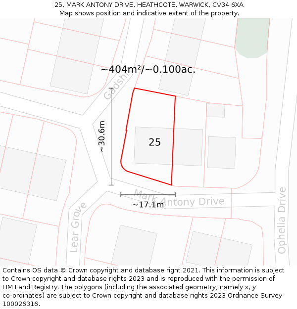 25, MARK ANTONY DRIVE, HEATHCOTE, WARWICK, CV34 6XA: Plot and title map