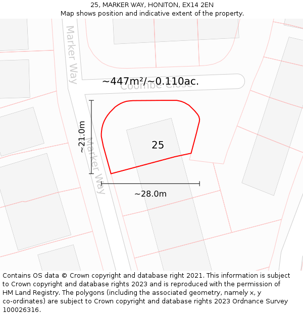 25, MARKER WAY, HONITON, EX14 2EN: Plot and title map