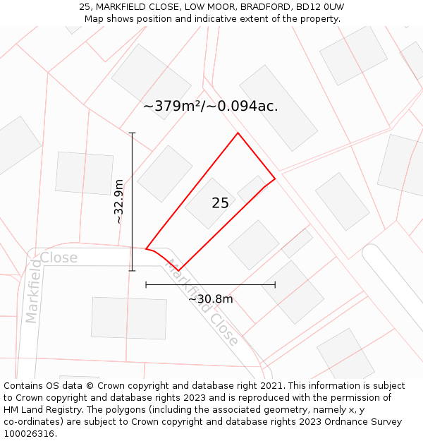 25, MARKFIELD CLOSE, LOW MOOR, BRADFORD, BD12 0UW: Plot and title map