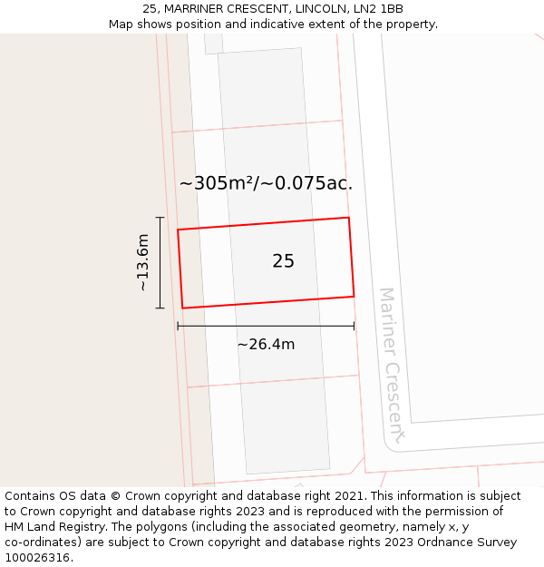 25, MARRINER CRESCENT, LINCOLN, LN2 1BB: Plot and title map