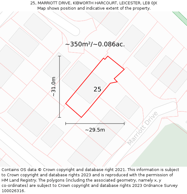 25, MARRIOTT DRIVE, KIBWORTH HARCOURT, LEICESTER, LE8 0JX: Plot and title map