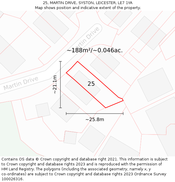 25, MARTIN DRIVE, SYSTON, LEICESTER, LE7 1YA: Plot and title map