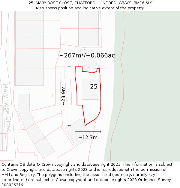 25, MARY ROSE CLOSE, CHAFFORD HUNDRED, GRAYS, RM16 6LY: Plot and title map