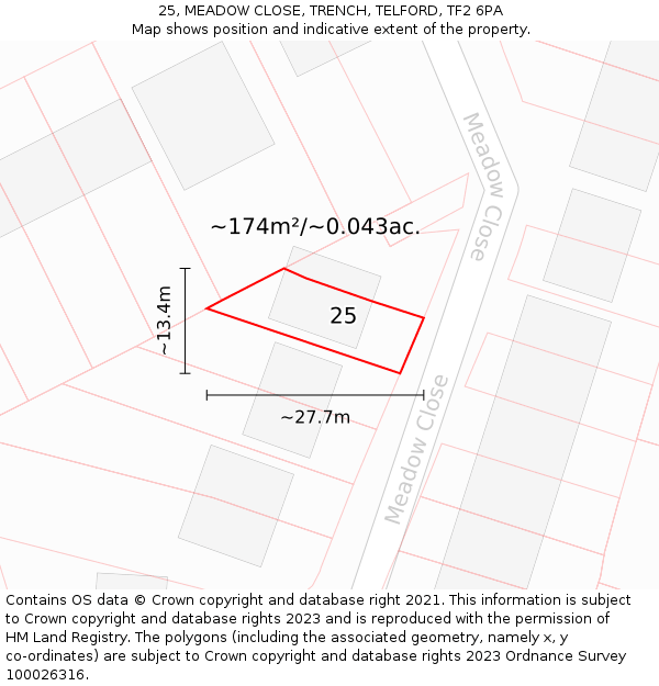 25, MEADOW CLOSE, TRENCH, TELFORD, TF2 6PA: Plot and title map