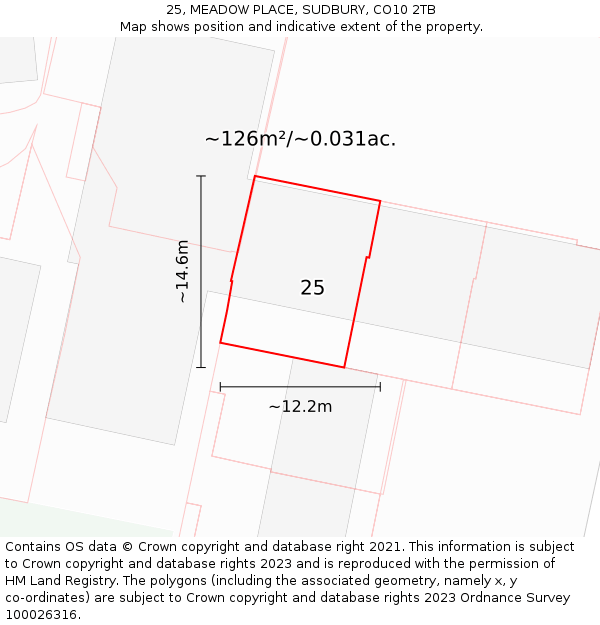 25, MEADOW PLACE, SUDBURY, CO10 2TB: Plot and title map