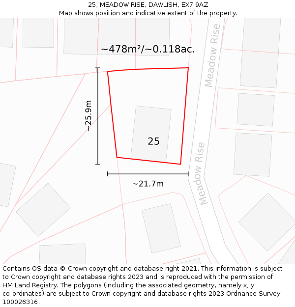 25, MEADOW RISE, DAWLISH, EX7 9AZ: Plot and title map
