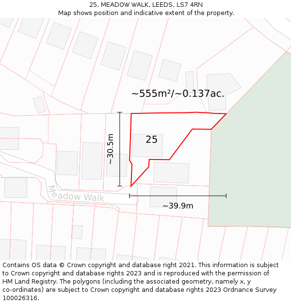 25, MEADOW WALK, LEEDS, LS7 4RN: Plot and title map