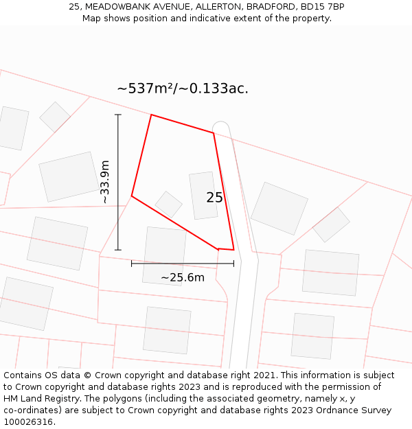 25, MEADOWBANK AVENUE, ALLERTON, BRADFORD, BD15 7BP: Plot and title map