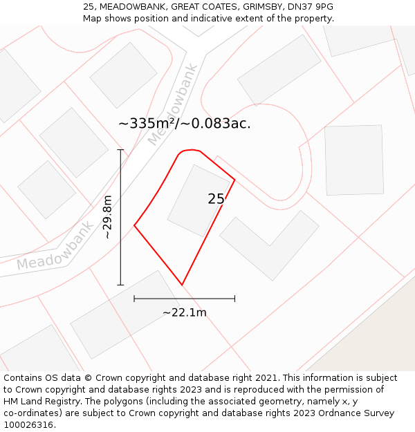 25, MEADOWBANK, GREAT COATES, GRIMSBY, DN37 9PG: Plot and title map
