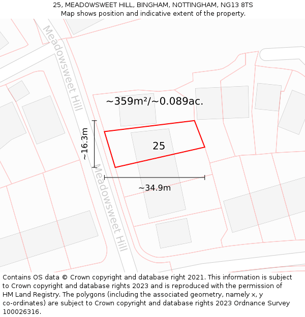 25, MEADOWSWEET HILL, BINGHAM, NOTTINGHAM, NG13 8TS: Plot and title map