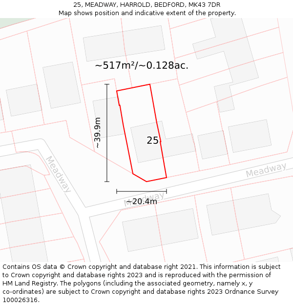 25, MEADWAY, HARROLD, BEDFORD, MK43 7DR: Plot and title map