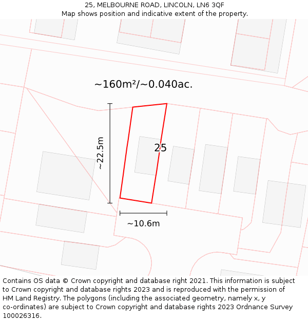 25, MELBOURNE ROAD, LINCOLN, LN6 3QF: Plot and title map