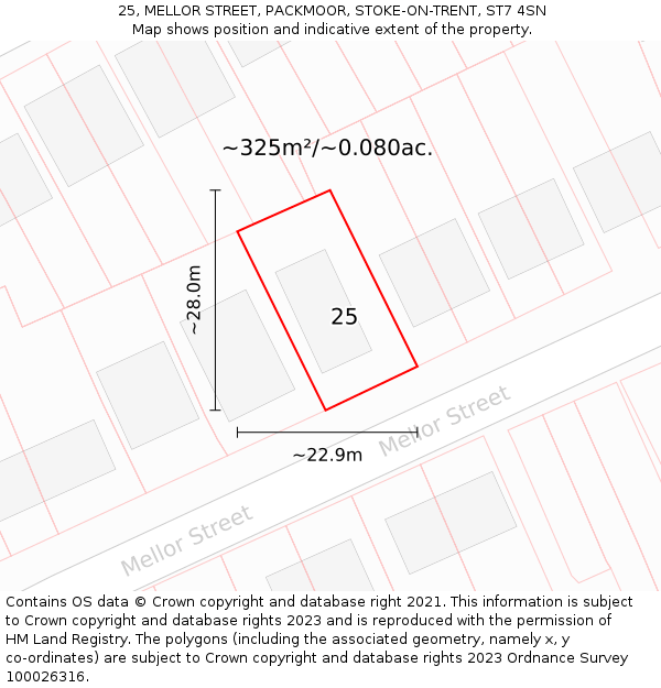 25, MELLOR STREET, PACKMOOR, STOKE-ON-TRENT, ST7 4SN: Plot and title map