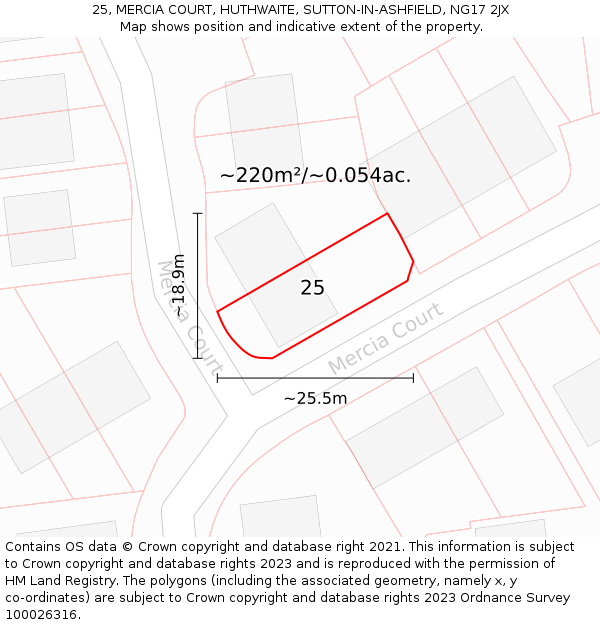 25, MERCIA COURT, HUTHWAITE, SUTTON-IN-ASHFIELD, NG17 2JX: Plot and title map