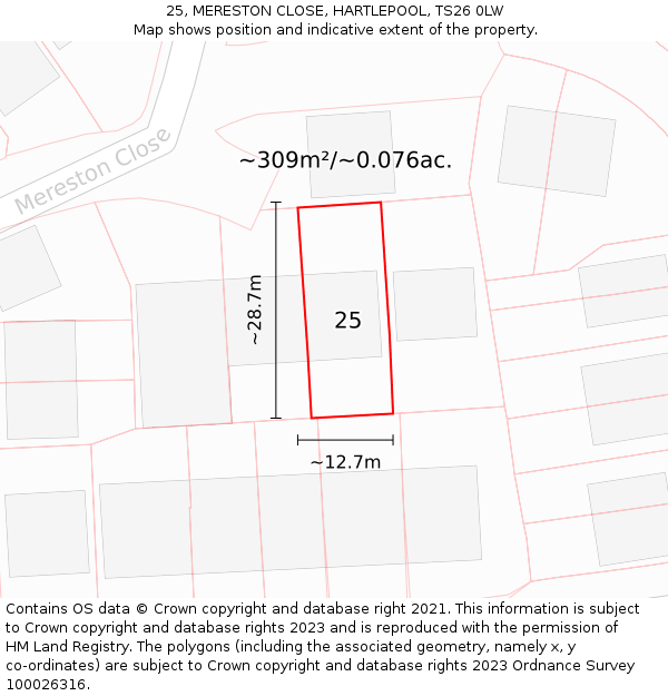 25, MERESTON CLOSE, HARTLEPOOL, TS26 0LW: Plot and title map