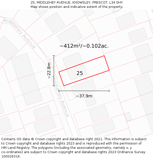 25, MIDDLEHEY AVENUE, KNOWSLEY, PRESCOT, L34 0HY: Plot and title map