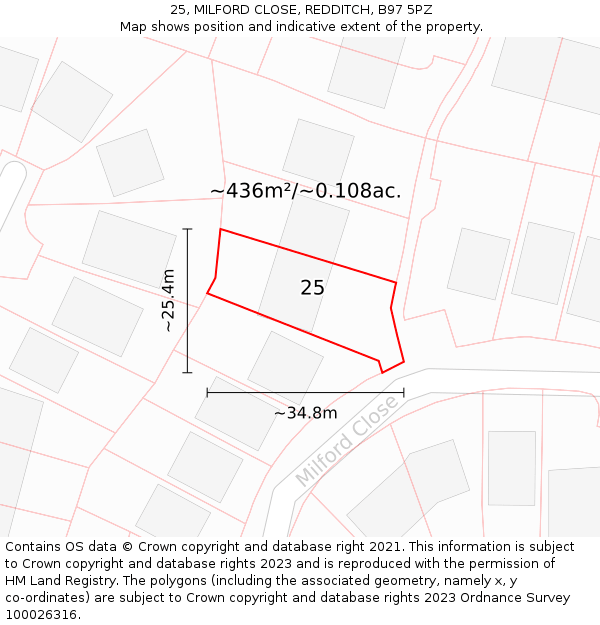 25, MILFORD CLOSE, REDDITCH, B97 5PZ: Plot and title map