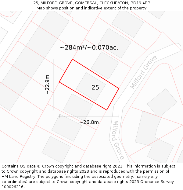 25, MILFORD GROVE, GOMERSAL, CLECKHEATON, BD19 4BB: Plot and title map