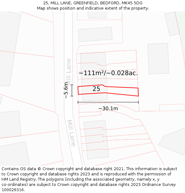 25, MILL LANE, GREENFIELD, BEDFORD, MK45 5DG: Plot and title map