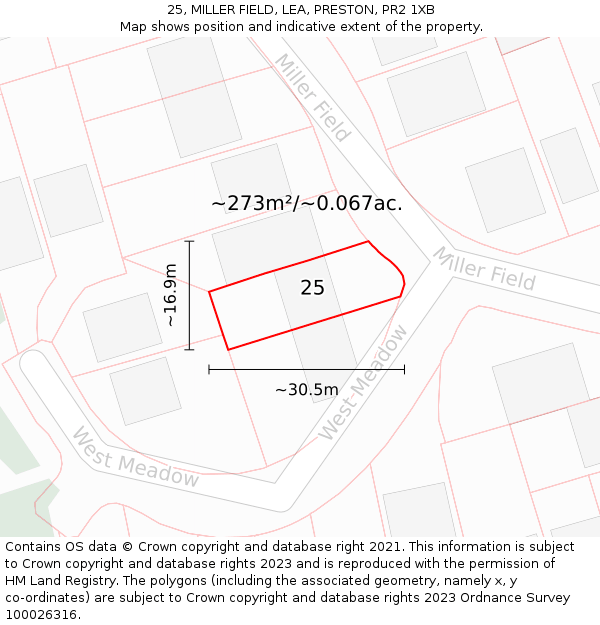 25, MILLER FIELD, LEA, PRESTON, PR2 1XB: Plot and title map