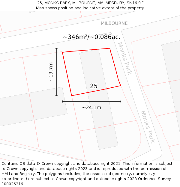 25, MONKS PARK, MILBOURNE, MALMESBURY, SN16 9JF: Plot and title map