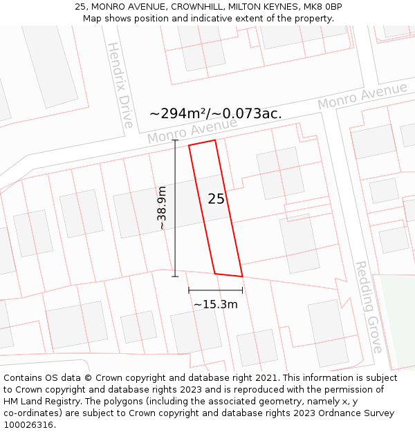 25, MONRO AVENUE, CROWNHILL, MILTON KEYNES, MK8 0BP: Plot and title map