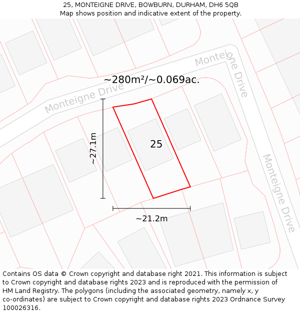 25, MONTEIGNE DRIVE, BOWBURN, DURHAM, DH6 5QB: Plot and title map