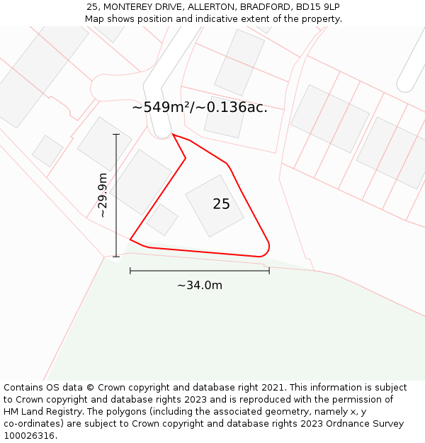 25, MONTEREY DRIVE, ALLERTON, BRADFORD, BD15 9LP: Plot and title map