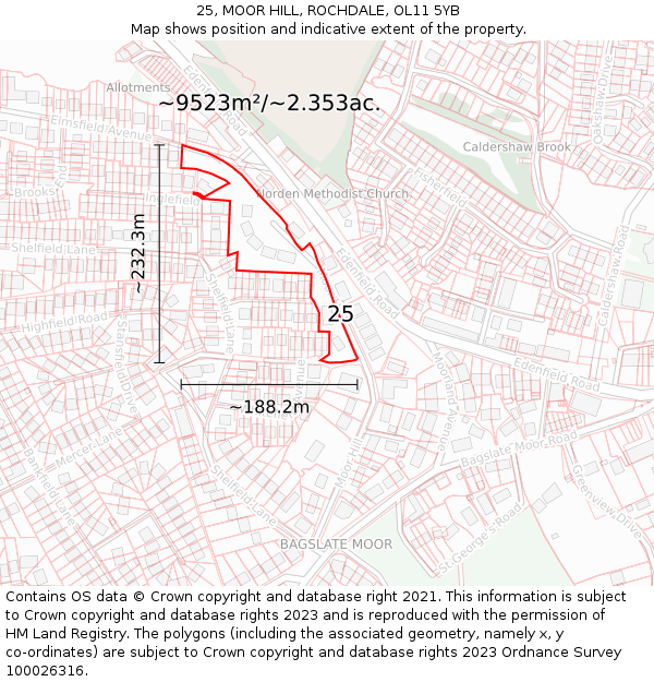 25, MOOR HILL, ROCHDALE, OL11 5YB: Plot and title map