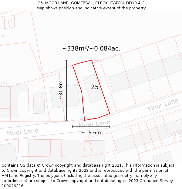 25, MOOR LANE, GOMERSAL, CLECKHEATON, BD19 4LF: Plot and title map