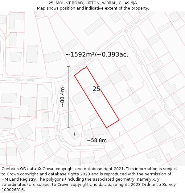 25, MOUNT ROAD, UPTON, WIRRAL, CH49 6JA: Plot and title map