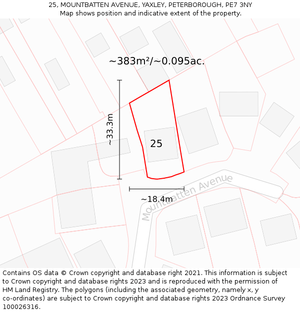 25, MOUNTBATTEN AVENUE, YAXLEY, PETERBOROUGH, PE7 3NY: Plot and title map