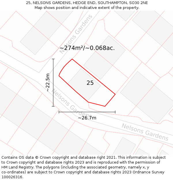25, NELSONS GARDENS, HEDGE END, SOUTHAMPTON, SO30 2NE: Plot and title map